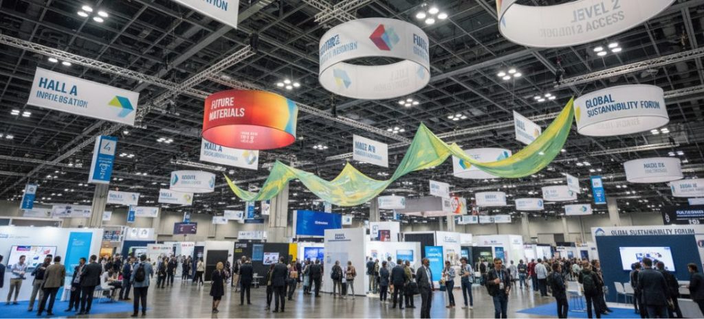 crowd walking through exhibition aisle, people carrying tote bags, stopping at booths, natural movement, slight motion blur, overhead signage, immersive trade show atmosphere, documentary photography.Trade Show Marketing