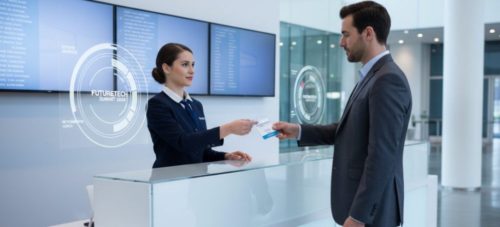 Close-up of a professional using tablet for exhibition visitor pre-registration, scanning QR code at entrance, digital check-in interface UI hologram style, data fields like job role and interest categories floating subtly, modern trade show entrance, futuristic but realistic, clean lighting, corporate environment