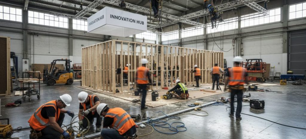 Exhibition booth being constructed inside a large convention hall, workers installing lighting truss, panels and electrical systems, forklifts in background, realistic, industrial atmosphere, natural lighting, documentary photography style