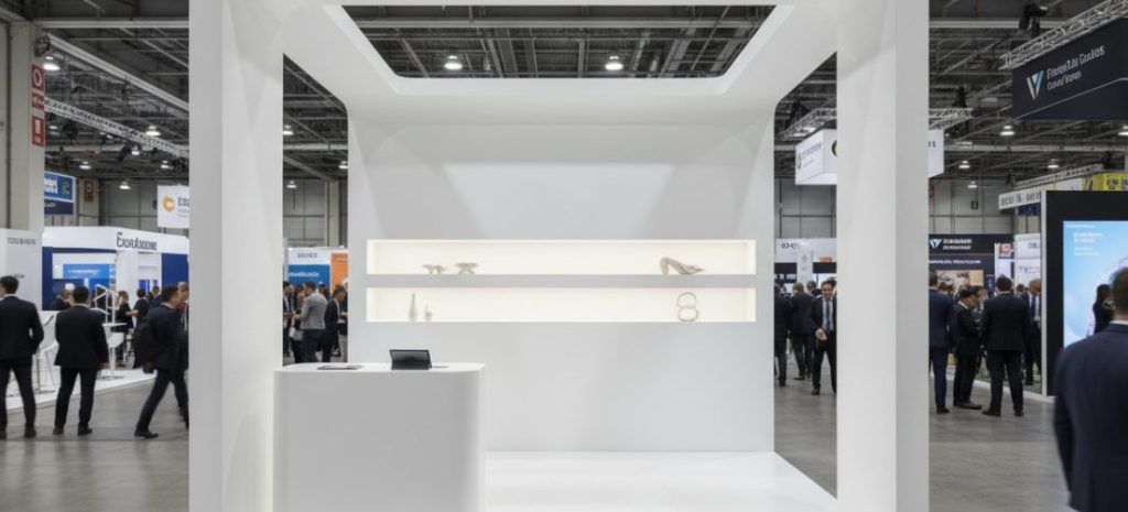 Modern trade show booth design in a 10x10 space, compact exhibition stand, clean corporate branding, high-end rental booth setup, bright LED lighting, minimalist architecture, professional B2B exhibition environment, people interacting with display screens, realistic, ultra detailed, wide angle view, depth of field, cinematic lighting, high resolution, premium business aesthetic, global trade show hall background