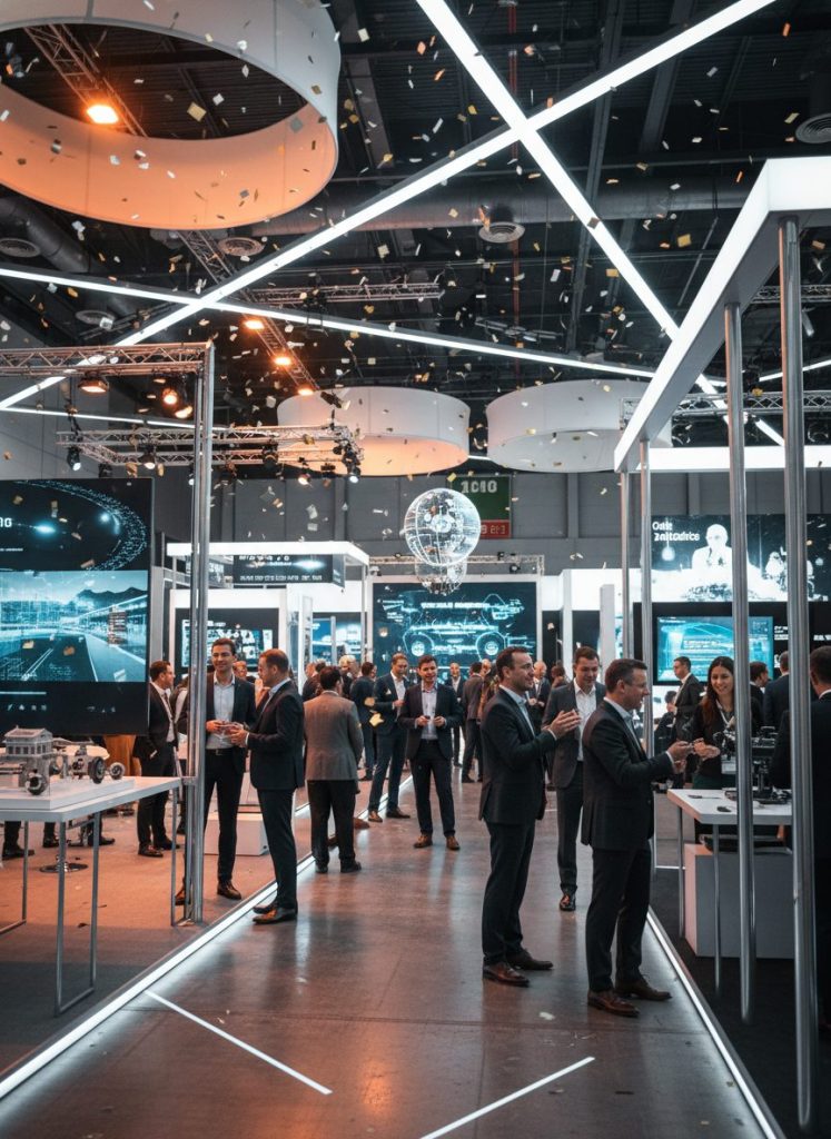 Custom trade show booth comparison, split scene showing success vs failure, left side: high-performing custom trade show booth with clean layout, strong focal point, visitors engaging and talking, right side: poorly designed booth with clutter, too many visuals, people walking past ignoring it, cinematic contrast, editorial style, space for text, balanced composition