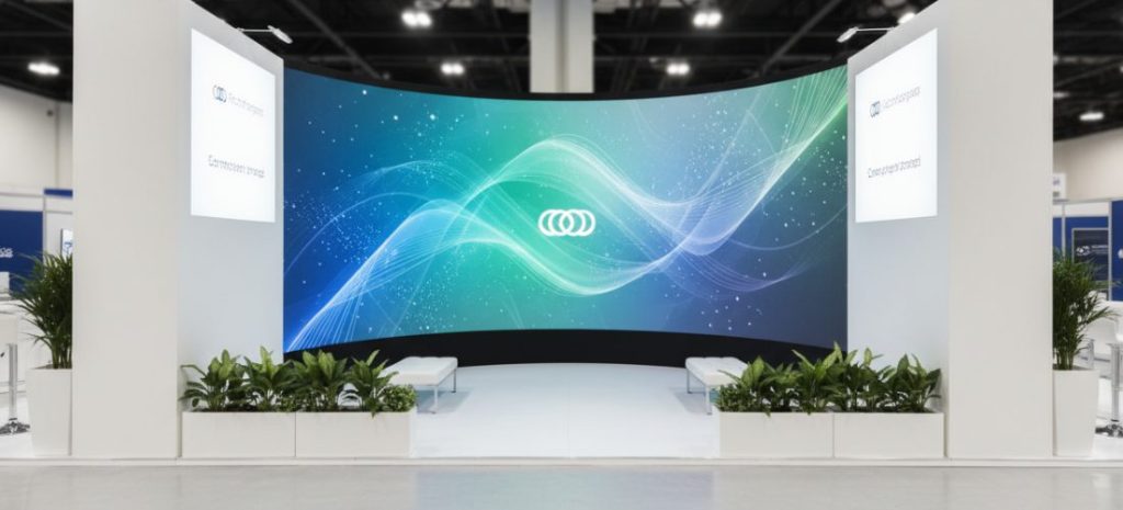 Modern trade show display with clean and intentional layout, balanced composition, business professionals interacting naturally, clear focal point, strong visual hierarchy, soft cinematic lighting, realistic exhibition environment, space for text, editorial style