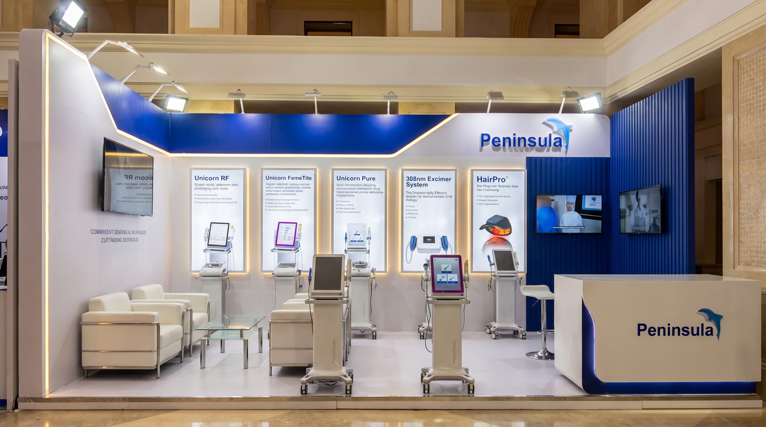 India exhibition booth builder NeoBooths designed Peninsula aesthetic device stand at Mumbai aesthetic medicine expo 2026 with Unicorn RF, HairPro, and 308nm Excimer systems on display
